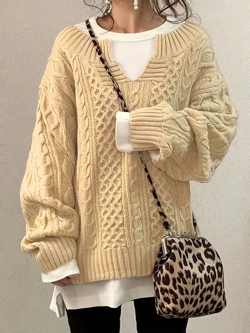 Josina - Gebreide Trui met Zopfmotief en V-Hals voor Dames