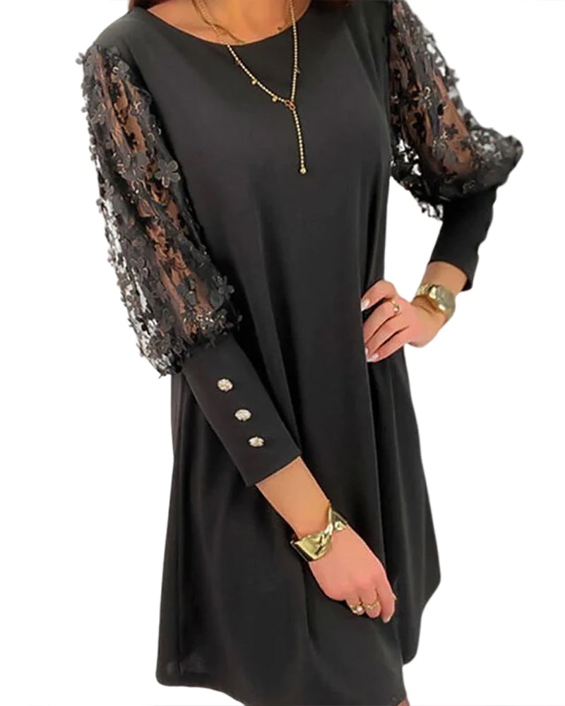 Elisabetha - Effen Jurk met Ronde Hals en Pofmouwen