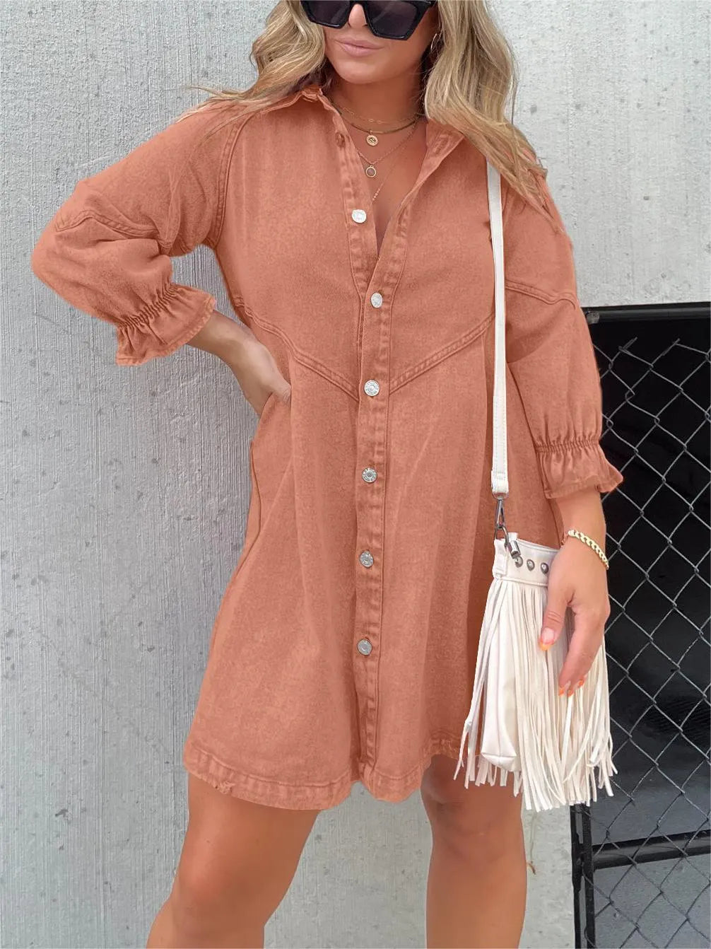 Denim Elegance - Gewassen Denim Blouse met Pofmouwen | Trendy en Stijlvolle Damesblouse