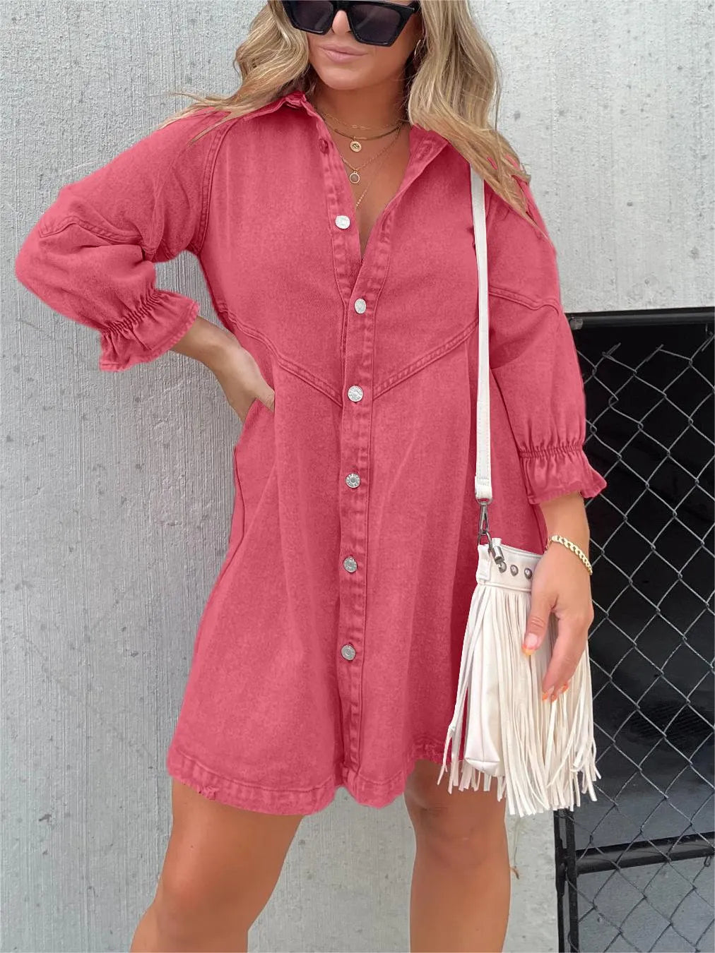 Denim Elegance - Gewassen Denim Blouse met Pofmouwen | Trendy en Stijlvolle Damesblouse