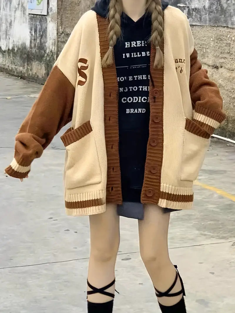 Rosa - Geborduurde Kleurblok Cardigan met Verlaagde Schouders | Trendy en Comfortabel