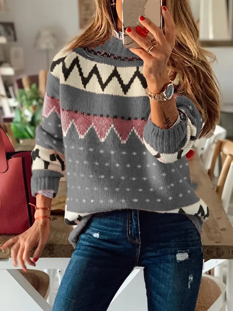 Anneloes - Gebreide Pullover met Grafisch Patroon en Stehkragen voor Dames - Stijlvolle en Warme Trui