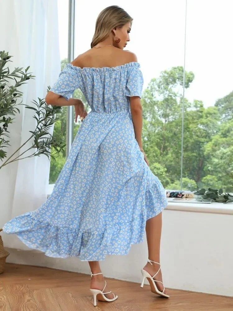 Lichtblauwe Off-Shoulder Vintage Bloemenjurk | Stijlvolle Jurk met Bloemenprint voor Een Romantische Look