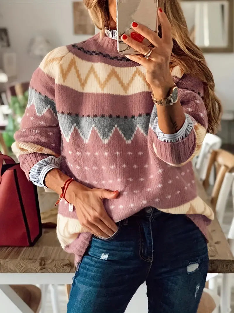 Anneloes - Gebreide Pullover met Grafisch Patroon en Stehkragen voor Dames - Stijlvolle en Warme Trui