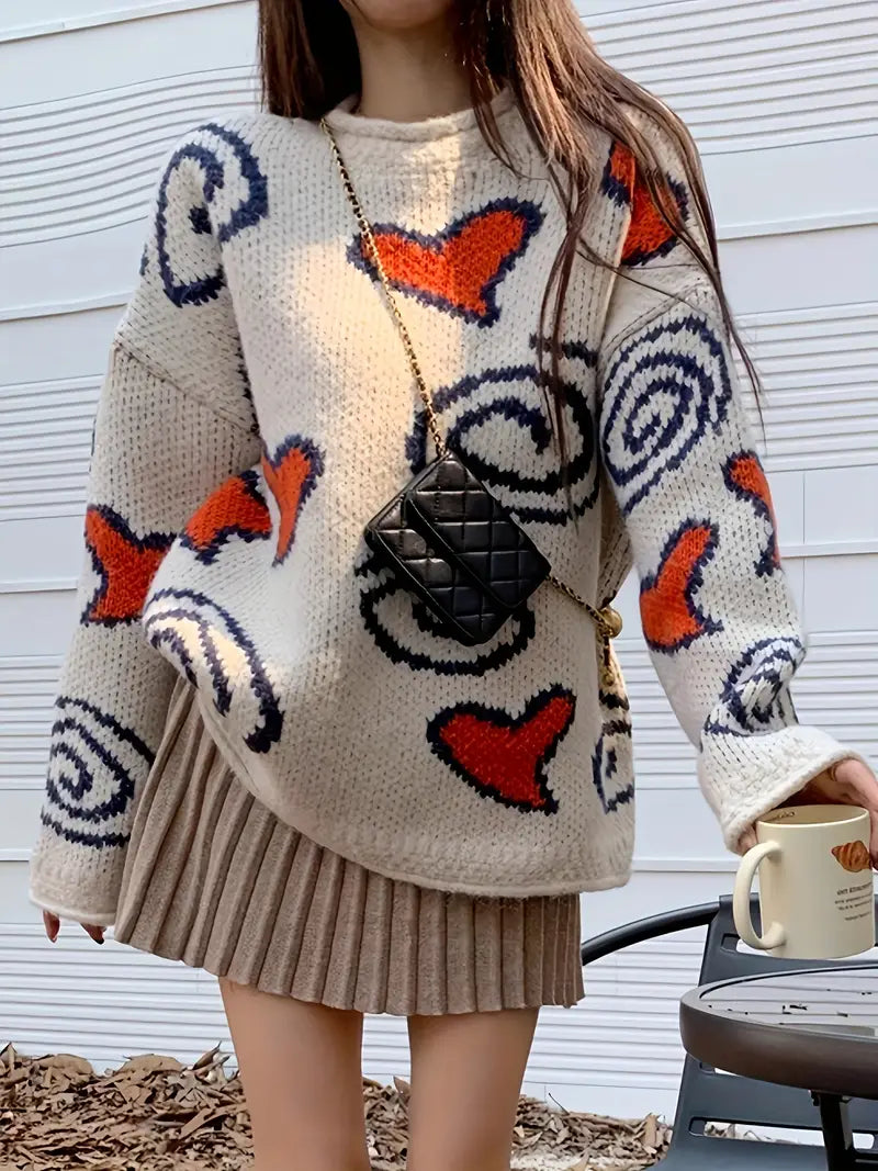 Hartelle - Gebreide Damestrui met Hartjespatroon en Ronde Hals