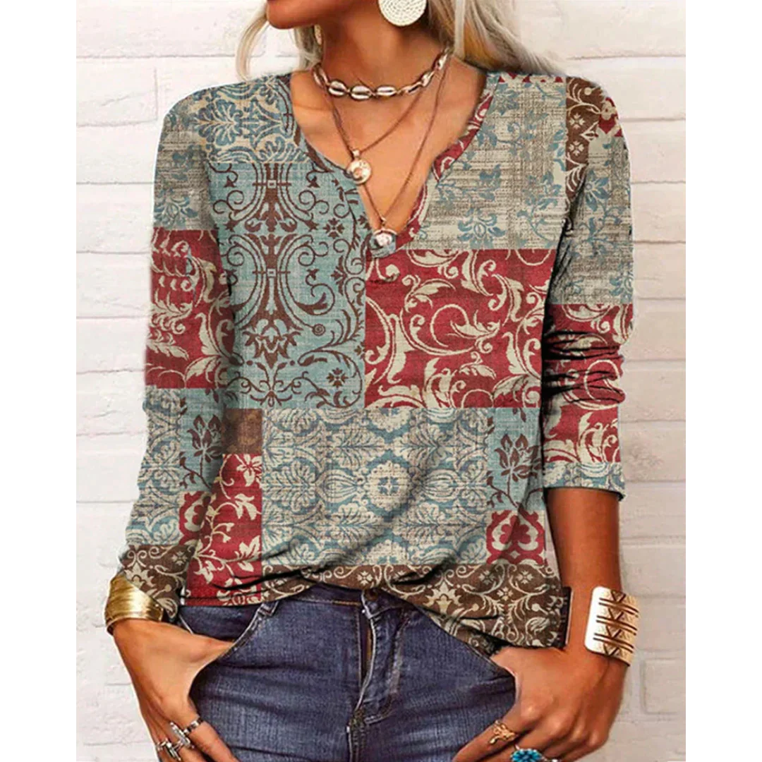 Boho Stijl V-Hals Blouse met Lange Mouwen | Kleurrijk Bloemenprint Design voor Dames