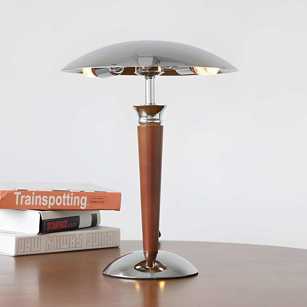 VintageGlow - Chromen IJzeren Paddenstoel Tafellamp met Houten 3-Staps Dimming | Stijlvolle Verlichting voor Elk Interieur