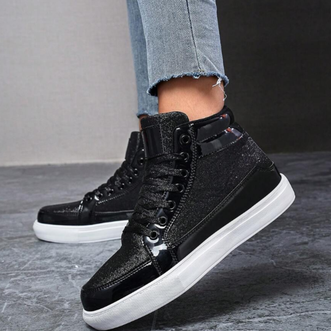 Sprankel Schoenen - Leren Hoge Schoenen met Metallic Glans voor Dames