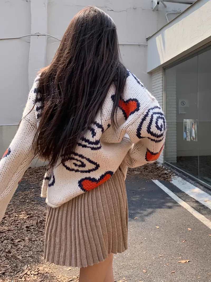 Hartelle - Gebreide Damestrui met Hartjespatroon en Ronde Hals