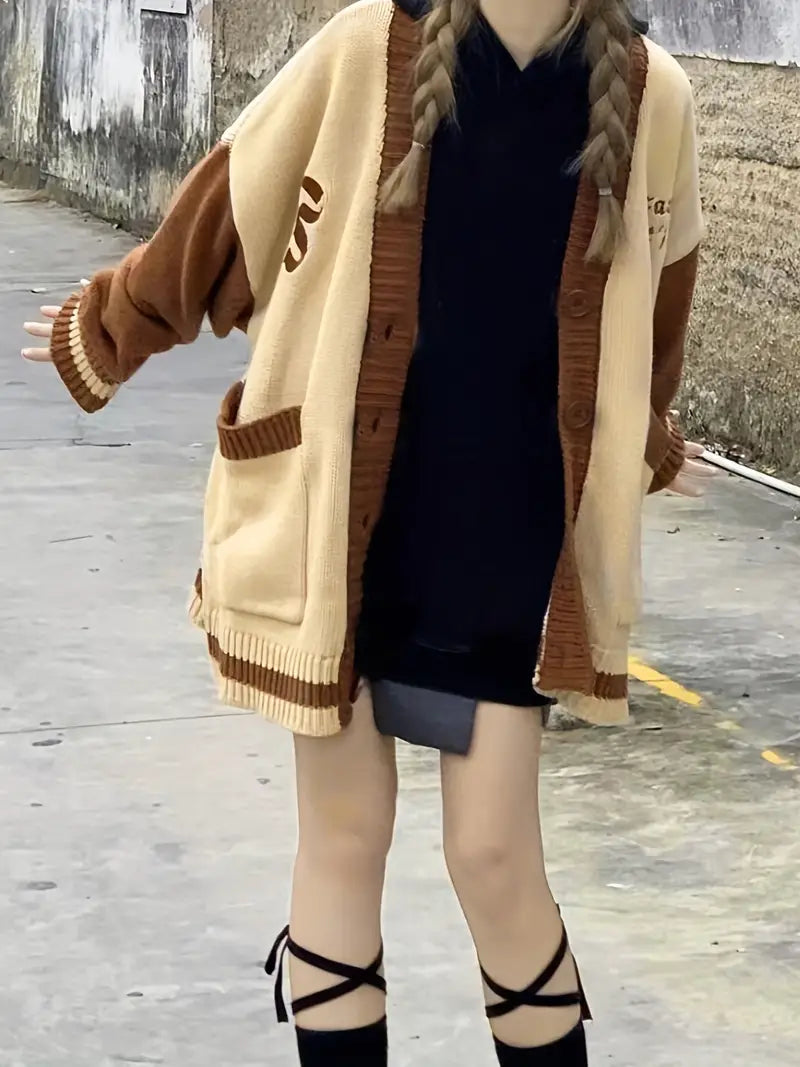 Rosa - Geborduurde Kleurblok Cardigan met Verlaagde Schouders | Trendy en Comfortabel