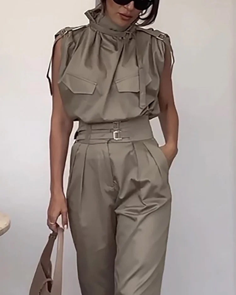 Marlena - Krawattenhals Cargo Top en Broek Set voor Dames | Stijlvol en Comfortabel
