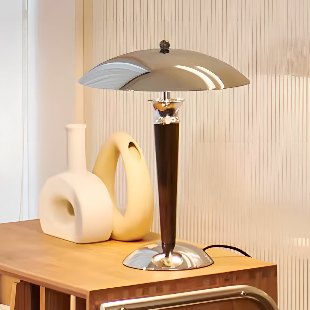 VintageGlow - Chromen IJzeren Paddenstoel Tafellamp met Houten 3-Staps Dimming | Stijlvolle Verlichting voor Elk Interieur