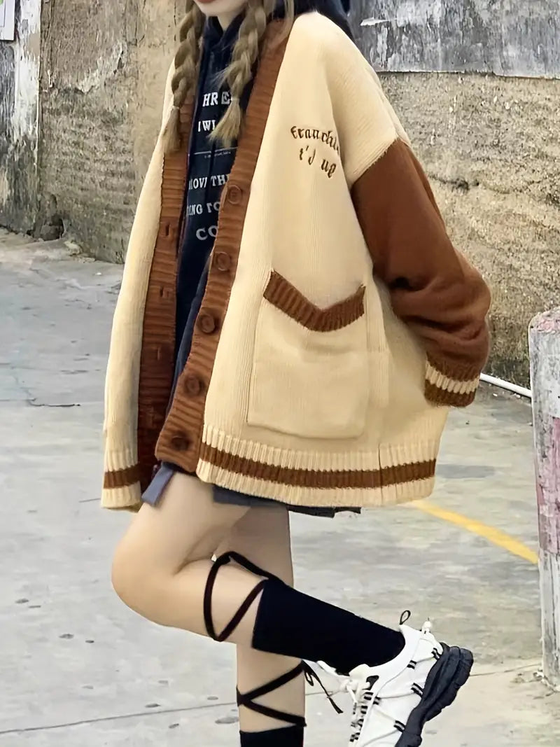 Rosa - Geborduurde Kleurblok Cardigan met Verlaagde Schouders | Trendy en Comfortabel