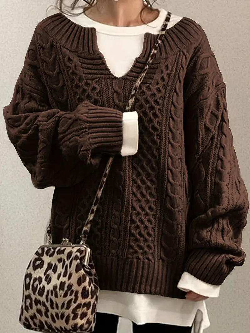 Josina - Gebreide Trui met Zopfmotief en V-Hals voor Dames