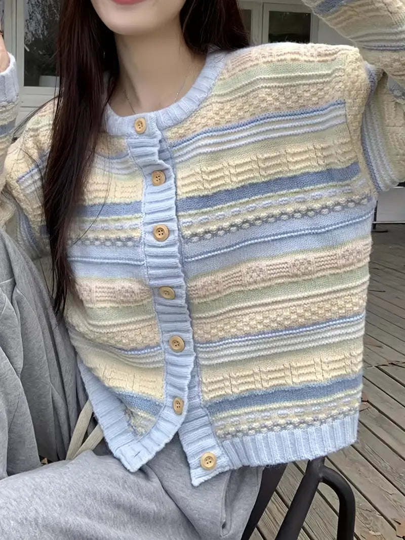 Ingrida - Gestreepte Gebreide Cardigan met Knopsluiting voor Dames - Stijlvolle en Comfortabele Vest