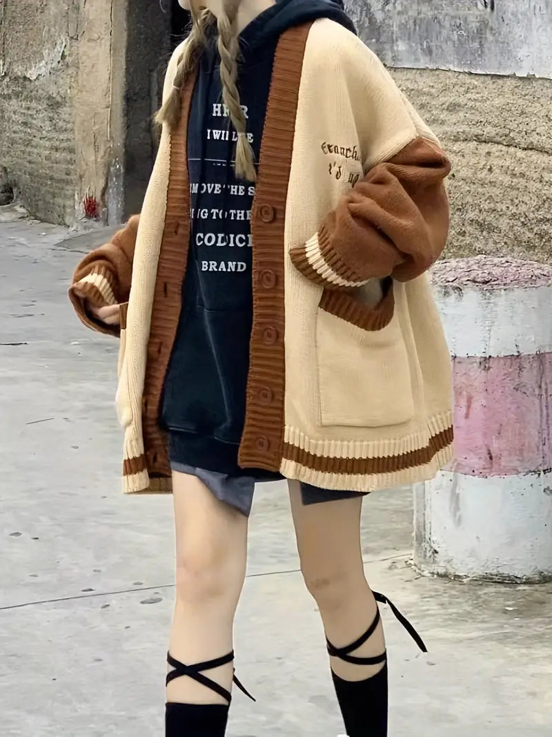 Rosa - Geborduurde Kleurblok Cardigan met Verlaagde Schouders | Trendy en Comfortabel