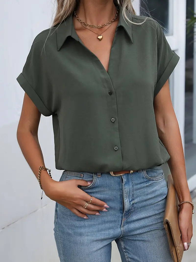 Maxime - Donkergrijs Elegant Korte Mouwen Shirt voor Dames | Stijlvolle en Comfortabele Blouse