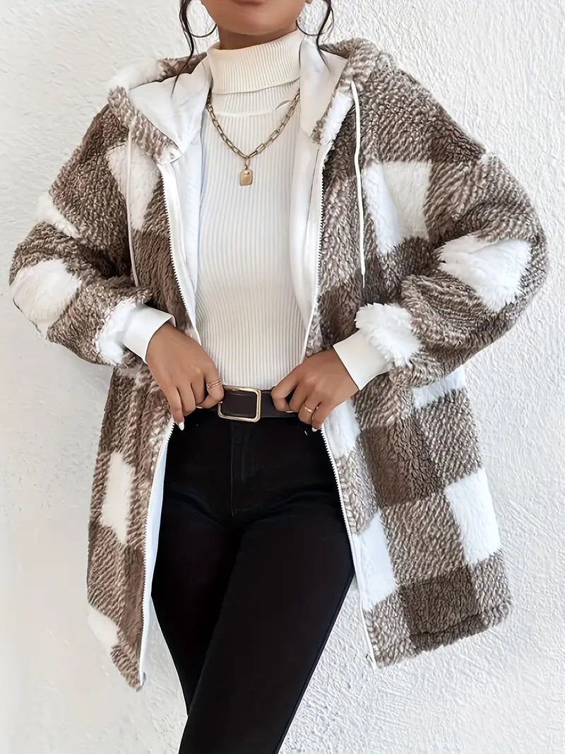 Skylar - Geruite Teddy Hoodie Jas | Warm en Comfortabel voor de Winter