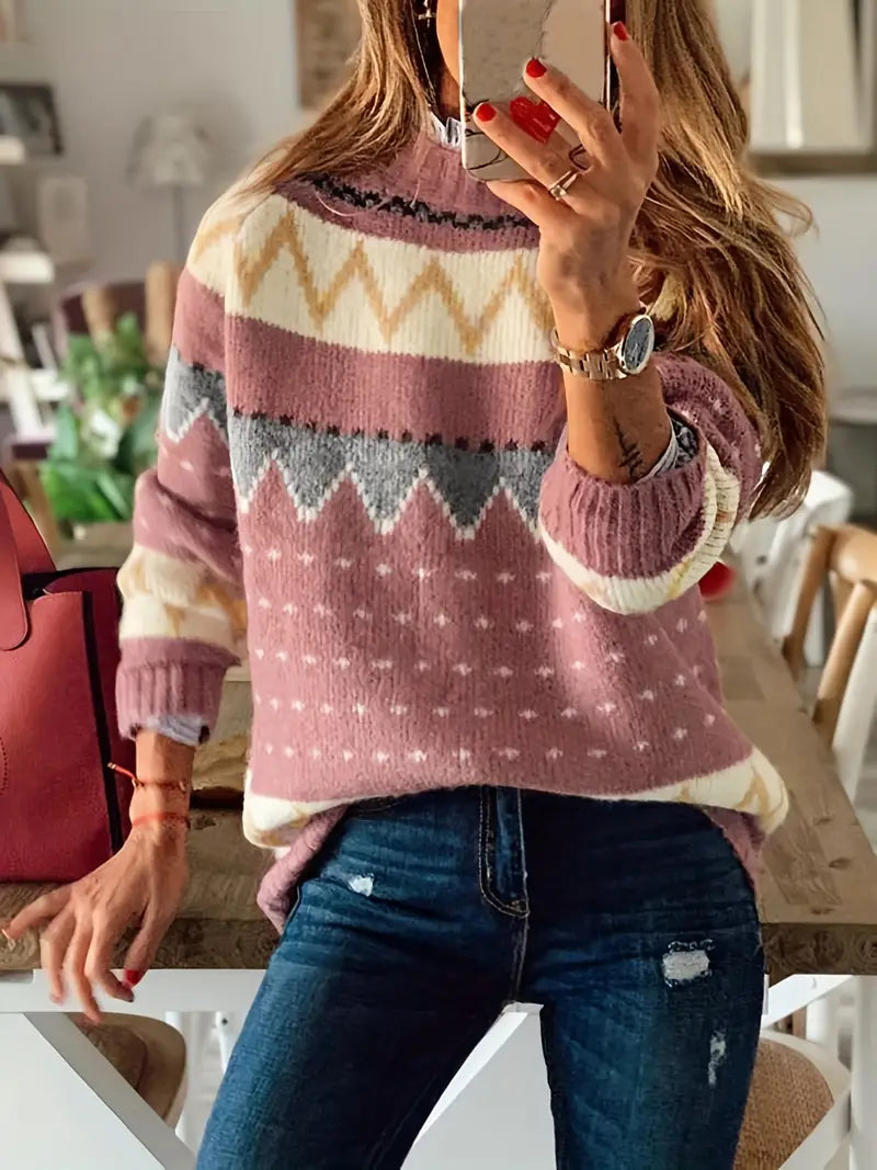 Anneloes - Gebreide Pullover met Grafisch Patroon en Stehkragen voor Dames - Stijlvolle en Warme Trui
