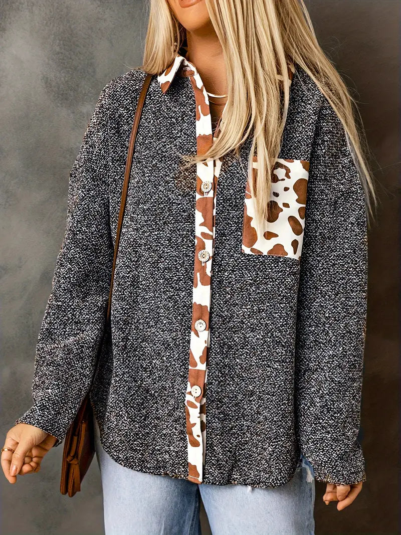 Elise – Stijlvolle Dames Jas met Koeienprint en Kleurblokken | Perfect voor Herfst en Winter