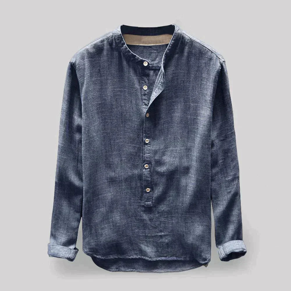 Heren Denim Overhemd met Zachte Textuur en Ronde Hals – Comfort en Stijl in Één
