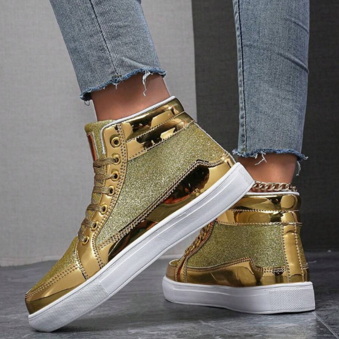 Sprankel Schoenen - Leren Hoge Schoenen met Metallic Glans voor Dames