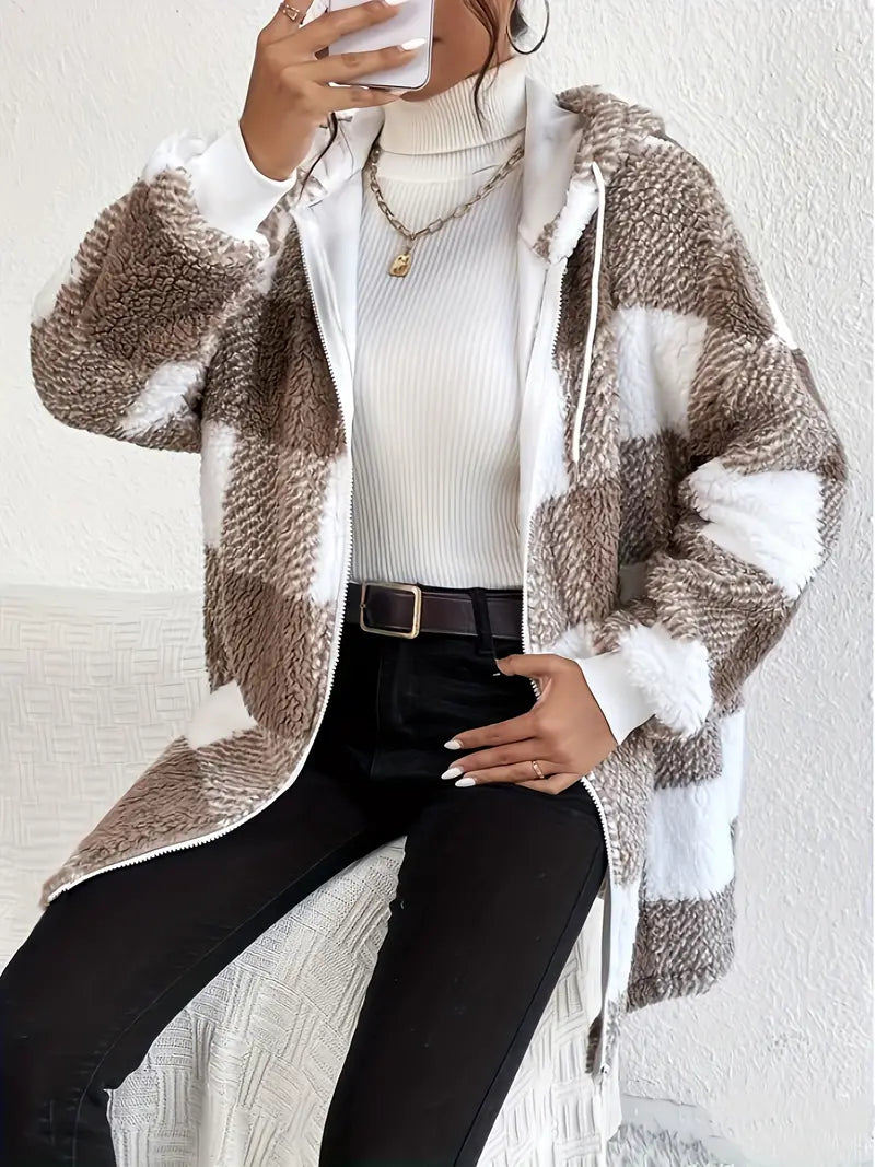 Skylar - Geruite Teddy Hoodie Jas | Warm en Comfortabel voor de Winter