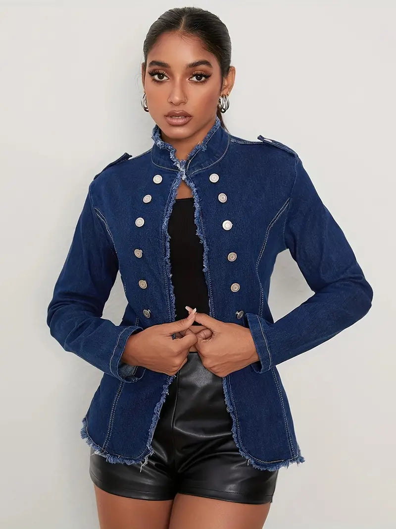Alexandria - Lange Mouwen Denimjas met Knopen en Robuuste Afwerking