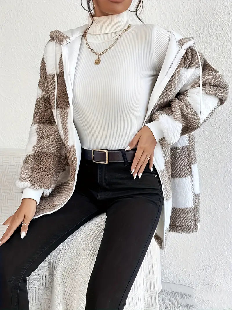 Skylar - Geruite Teddy Hoodie Jas | Warm en Comfortabel voor de Winter