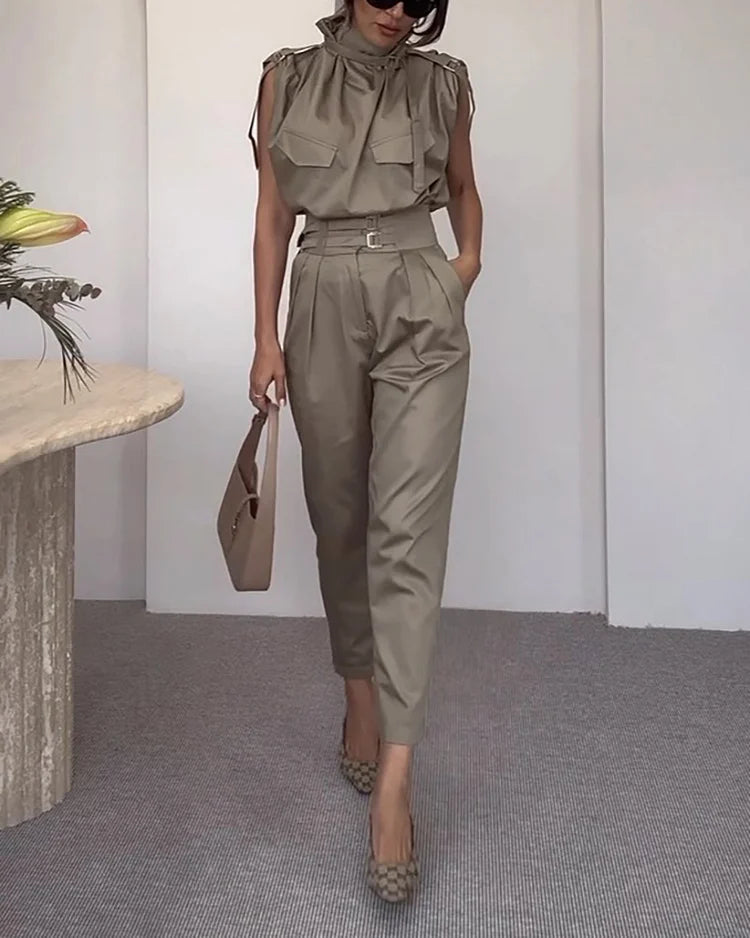 Marlena - Krawattenhals Cargo Top en Broek Set voor Dames | Stijlvol en Comfortabel