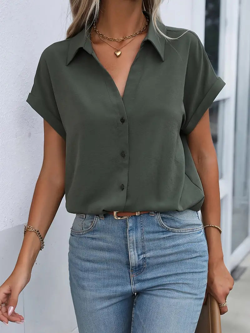 Maxime - Donkergrijs Elegant Korte Mouwen Shirt voor Dames | Stijlvolle en Comfortabele Blouse