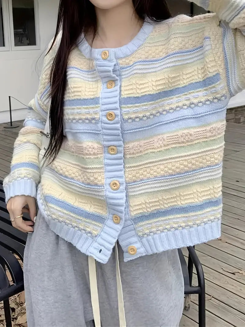 Ingrida - Gestreepte Gebreide Cardigan met Knopsluiting voor Dames - Stijlvolle en Comfortabele Vest