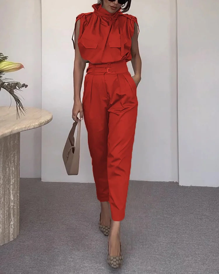 Marlena - Krawattenhals Cargo Top en Broek Set voor Dames | Stijlvol en Comfortabel