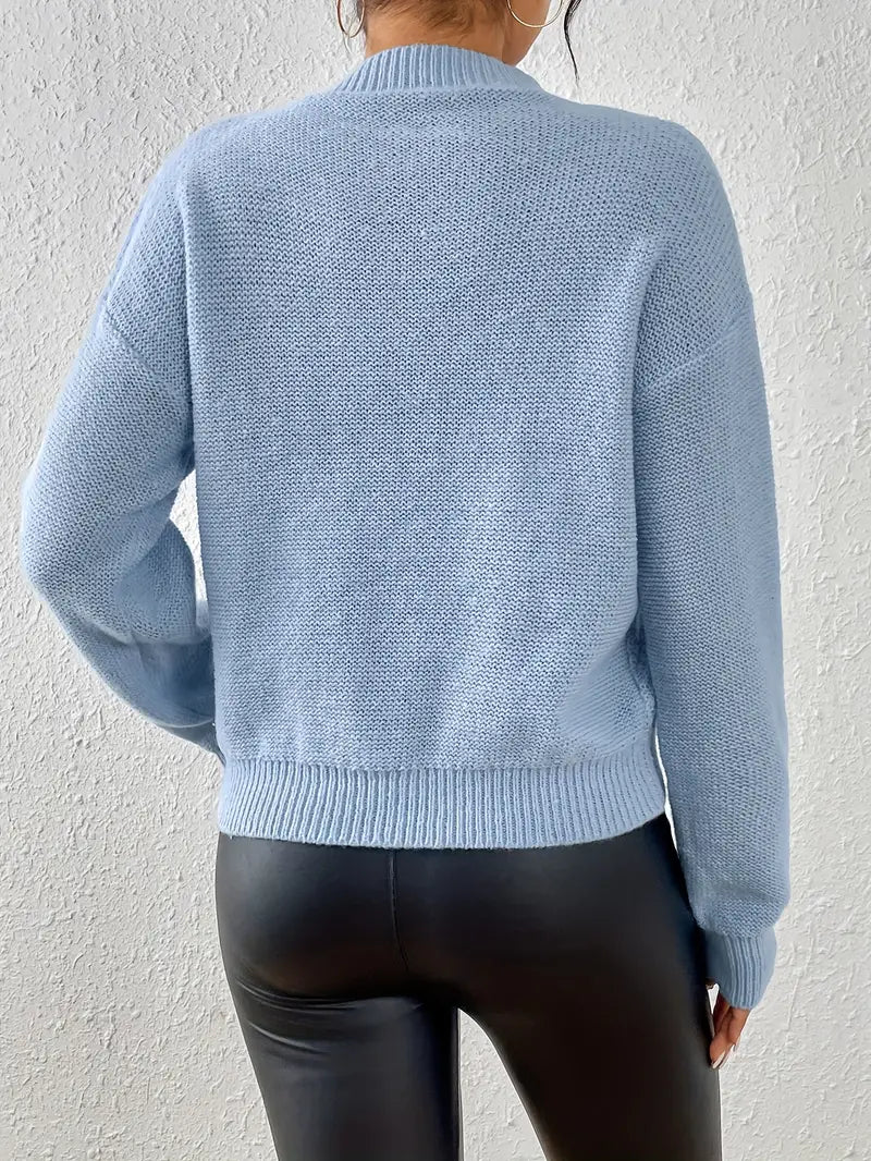 FemmeKnit - Effen Dames Trui met Ronde Hals en Kabelpatroon