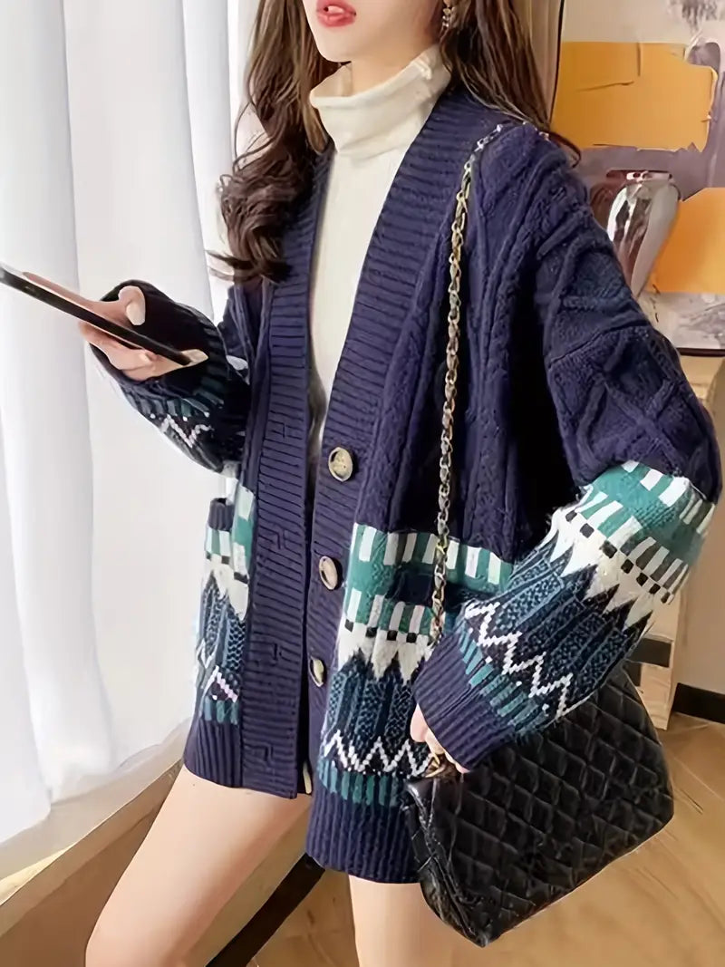 Sibylle - Gebreide Cardigan met Geometrisch Patroon en Knopsluiting voor Dames - Stijlvol en Comfortabel