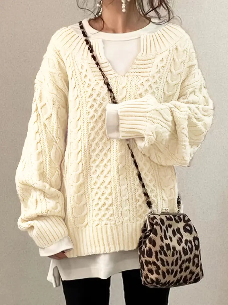 Josina - Gebreide Trui met Zopfmotief en V-Hals voor Dames