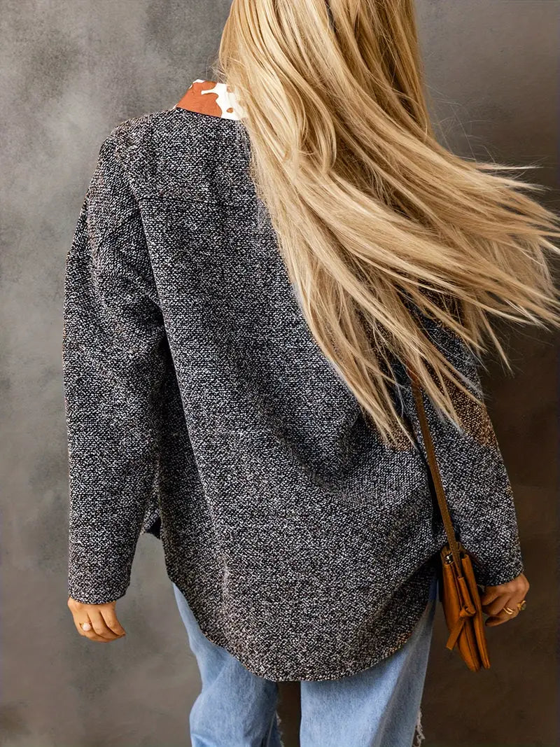 Elise – Stijlvolle Dames Jas met Koeienprint en Kleurblokken | Perfect voor Herfst en Winter