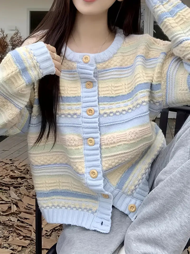 Ingrida - Gestreepte Gebreide Cardigan met Knopsluiting voor Dames - Stijlvolle en Comfortabele Vest