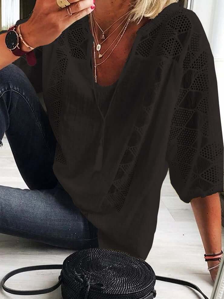 Boho Elegantie U-Hals Kantblouse voor Dames - Chic en Comfortabel