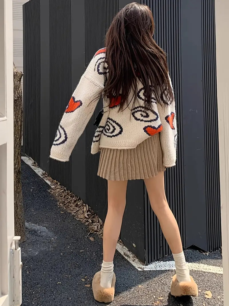 Hartelle - Gebreide Damestrui met Hartjespatroon en Ronde Hals