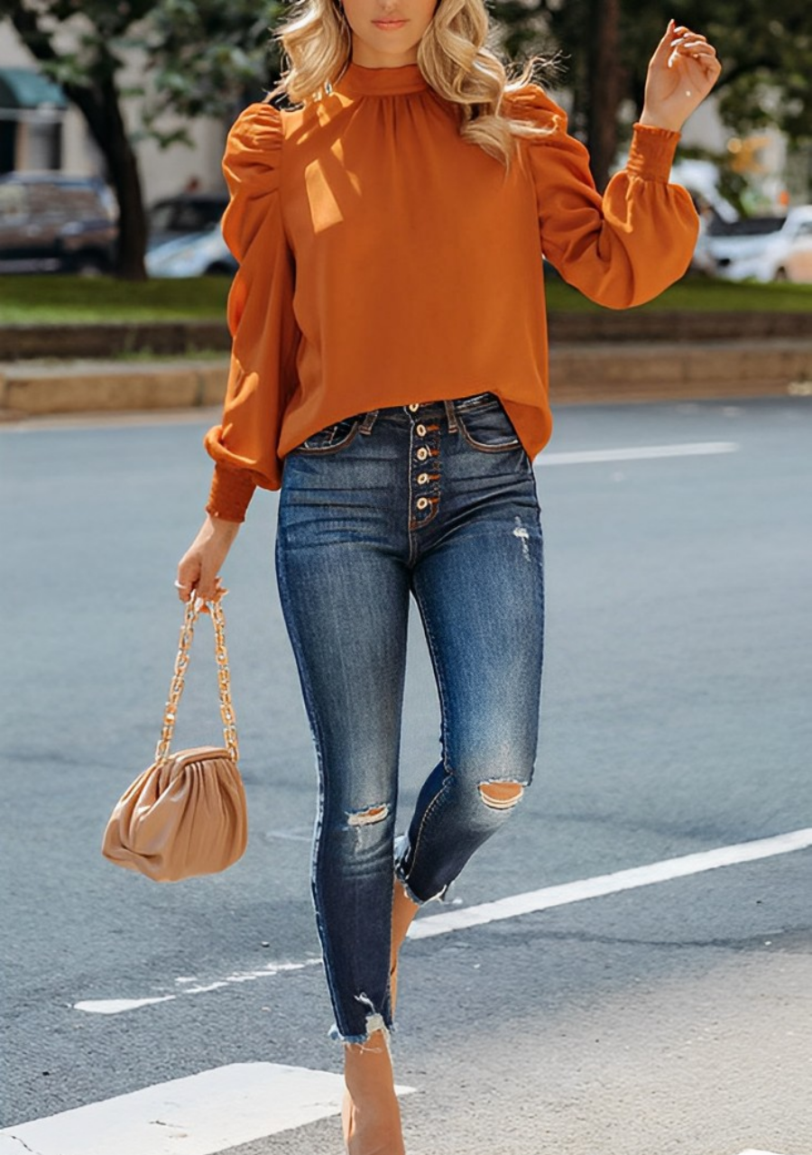 Sabina - Bruine Blouse met Pofmouwen voor Dames - Stijlvol en Trendy