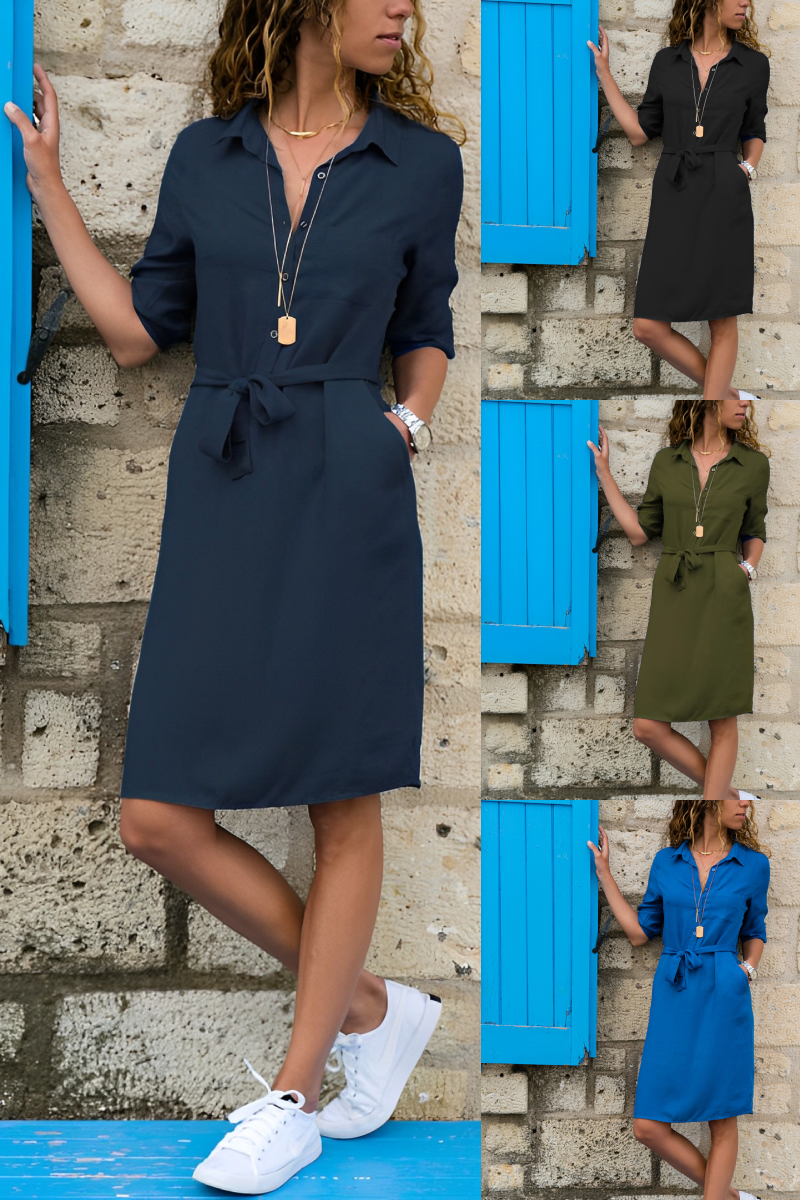 Lianne - Halflang Jurk met Zakken en Korte Mouwen