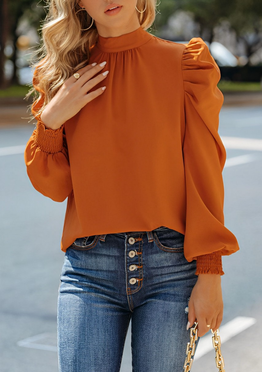 Sabina - Bruine Blouse met Pofmouwen voor Dames - Stijlvol en Trendy
