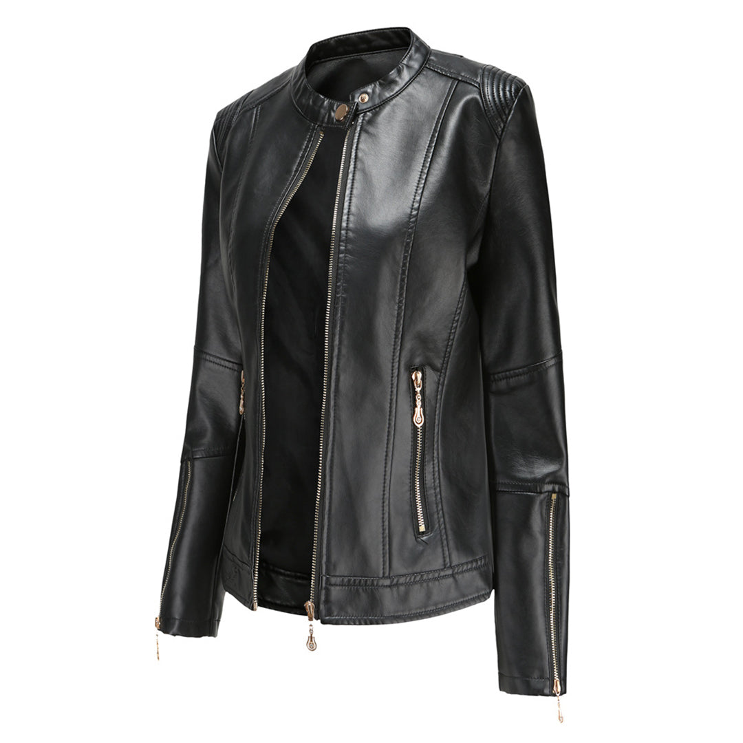 Lina - Elegante Leren Jas met Ronde Kraag en Knoopsluiting voor Dames