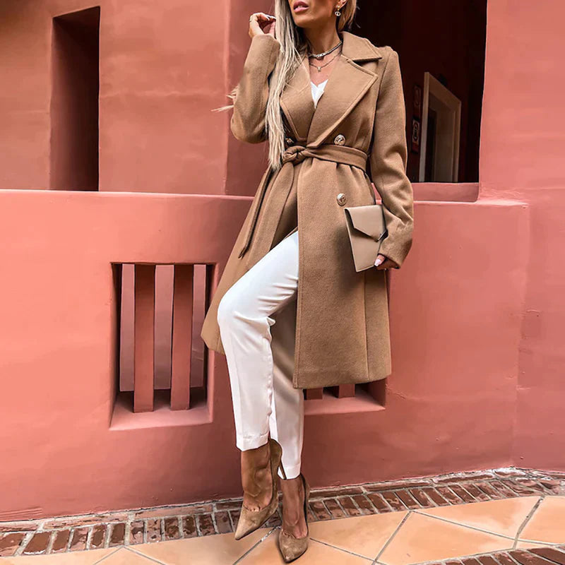 Lange Elegante Damesmantel - Dubbelrijige Casual Mantel voor Elke Dag