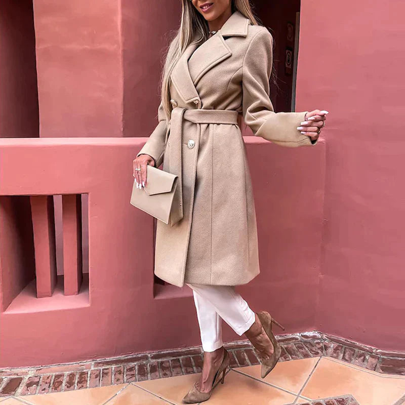 Lange Elegante Damesmantel - Dubbelrijige Casual Mantel voor Elke Dag