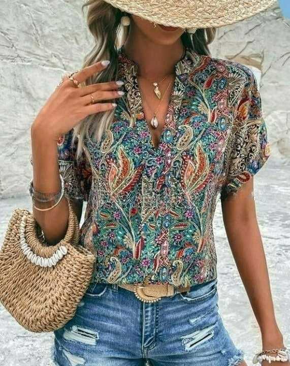 Sophia - V-Hals Top met Gedrukte Patronen | Comfortabel en Stijlvol Zomer Topje voor Dames