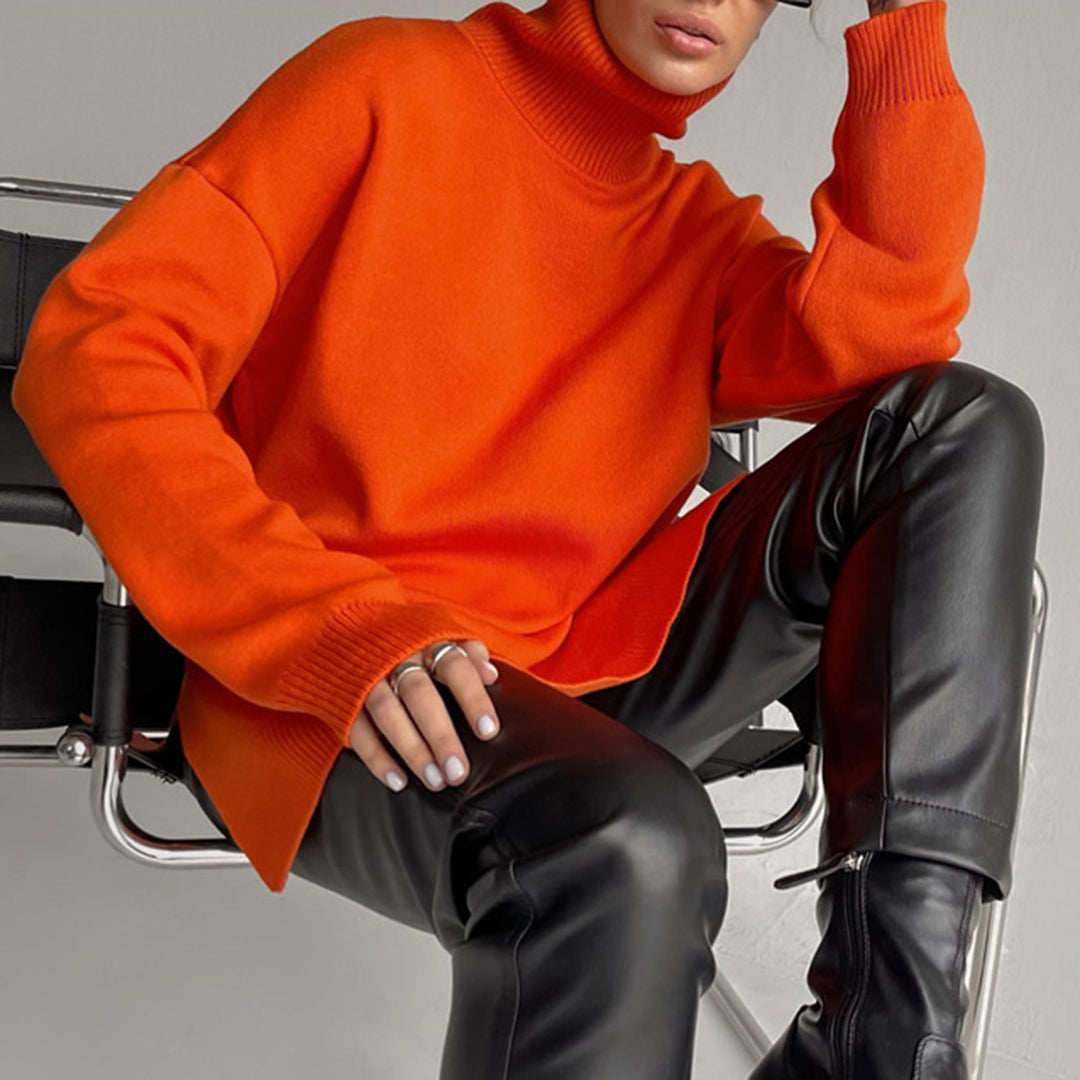 Stijlvolle Essence - Gebreide Trui met Hoge Kraag en Zijsplit voor Dames