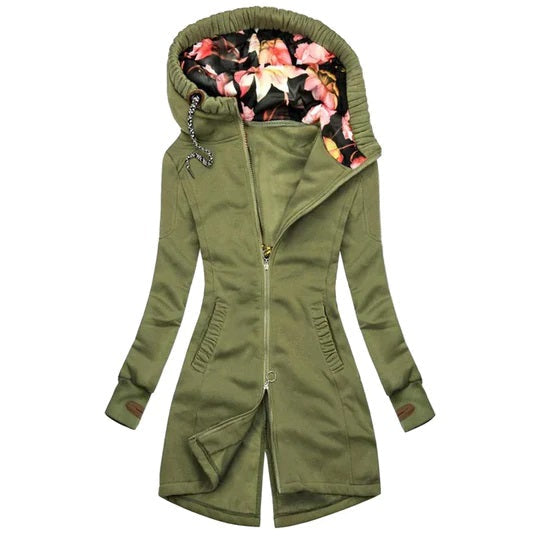 Ariane - Warme Herfst- of Winterjas met Capuchon en Bloemenprint voor Dames