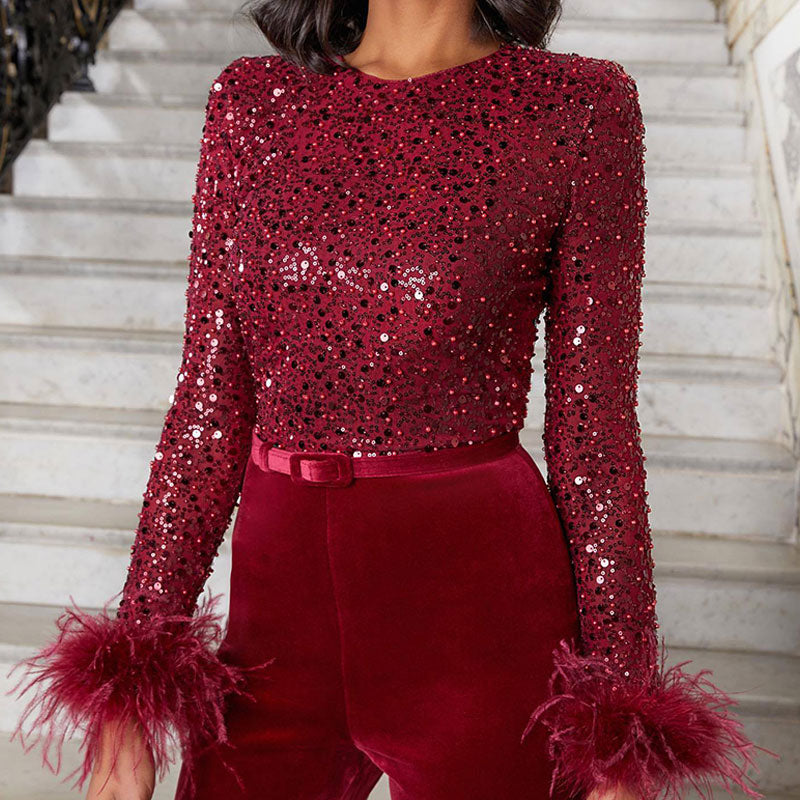 Glitter Jumpsuit met Veren | Stijlvol en Verfijnd Ontwerp